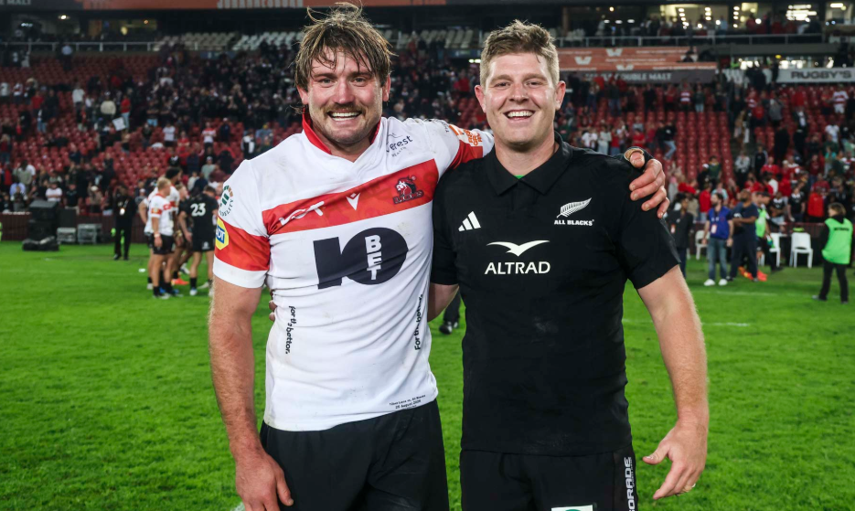 All Blacks flanker Ethan Blackadder and Lions captain Francke Horn after swapping jerseys following Tuesday night's game.