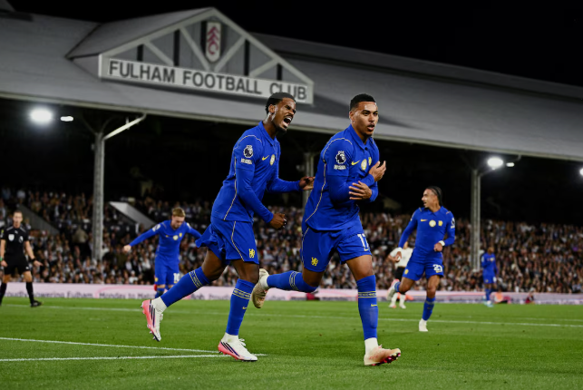 Morgan Rogers celebrates his debut goal alongside Cole Palmer during a thrilling 3–2 Premier League victory over Fulham at Craven Cottage.