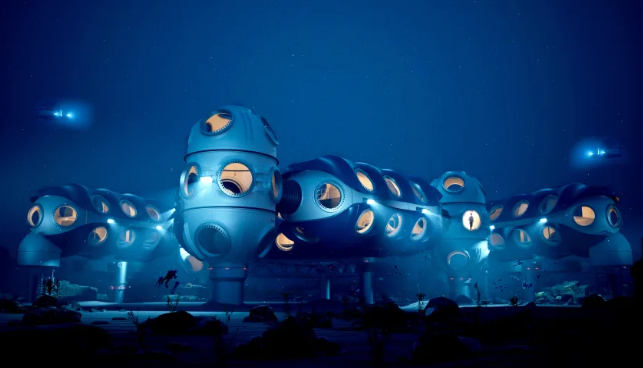 A rendering of Sentinel, a modular underwater habitat concept by DEEP.