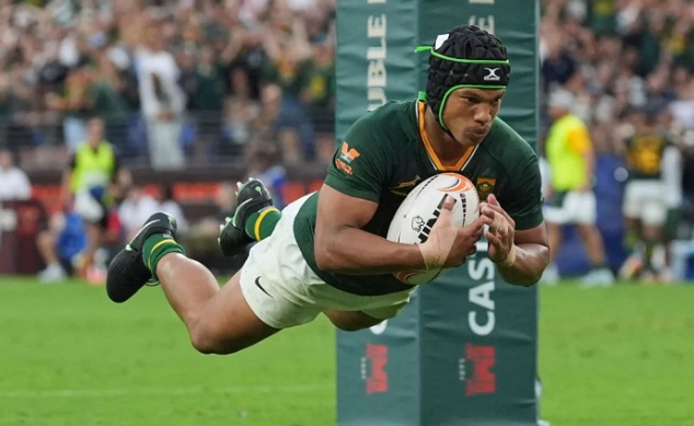 Kurt-Lee Arendse scored one of the Boks’ six tries in their victory in Baltimore.