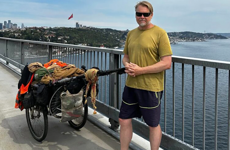 Karl Bushby, crossing the Bosporus at Istanbul.